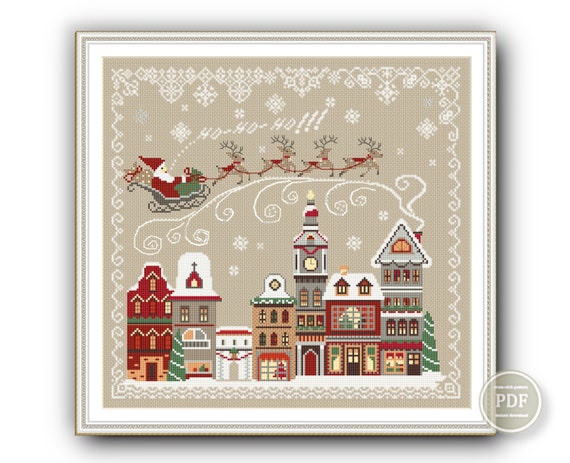 Preview of Christmas Cross Stitch Pattern Santa Claus Coming to Town PDF File Instant Download by NARAxStitchPatterns