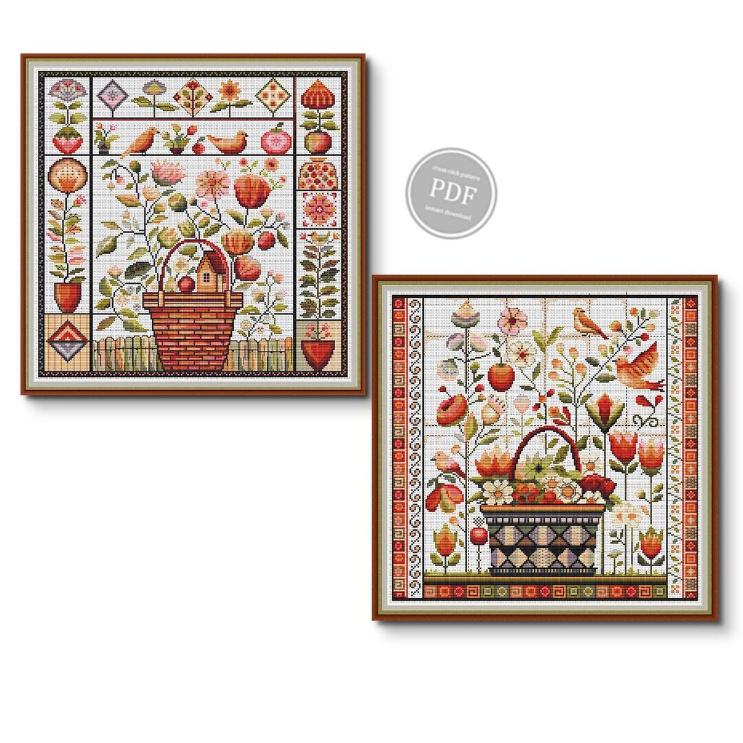 Set Cross Stitch Pattern Flowers. Folk Art Flowers Sampler #1-2. Folk ...