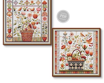 Conjunto de padrões de ponto cruz de flores. Amostra de flores de arte folclórica nº 1-2. Ponto cruz de arte folclórica. Floral primitivo. Download instantâneo em PDF - Amostra 535