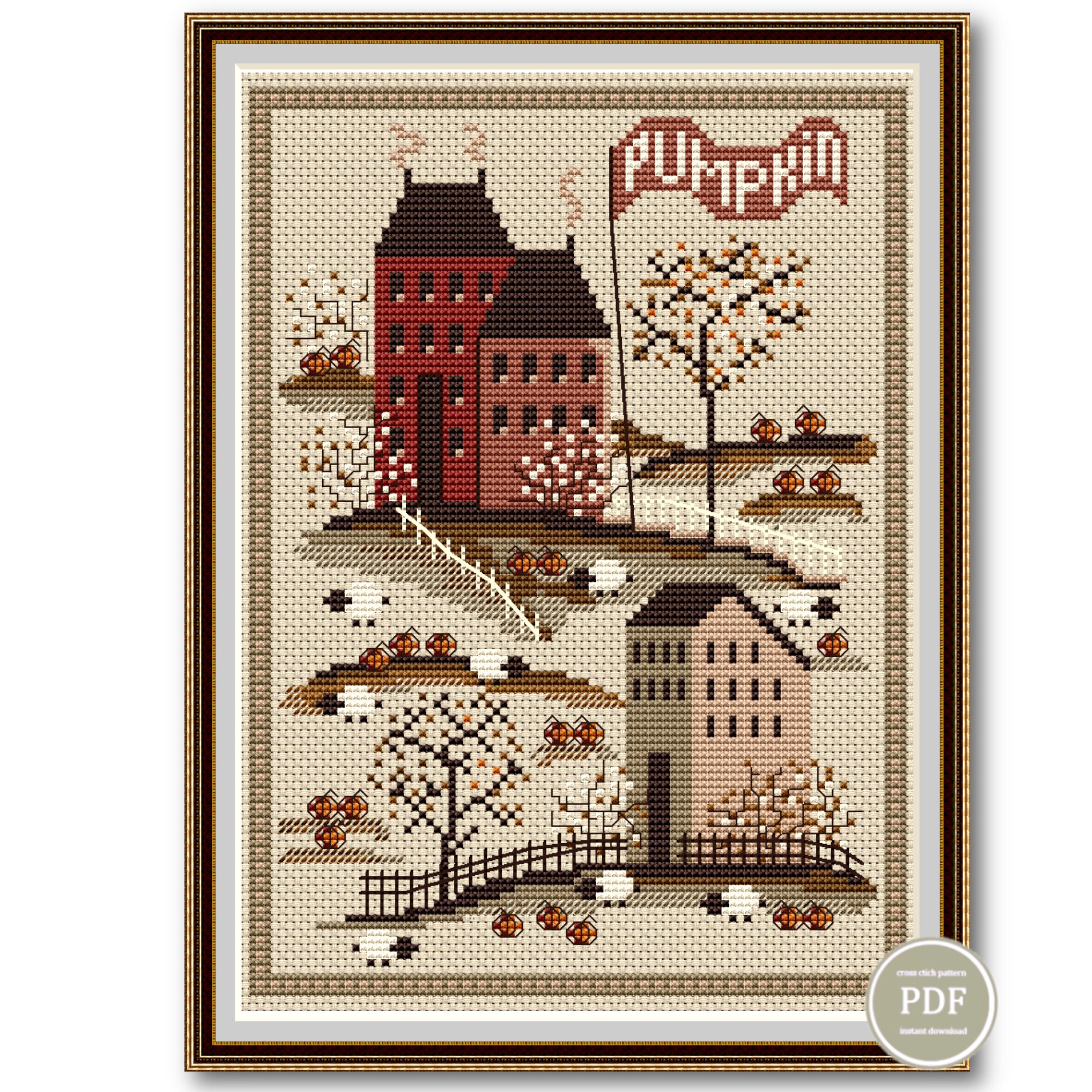 Sampler Autumn Village Pumpkins Cross Stitch Pattern Embroidery Digital ...