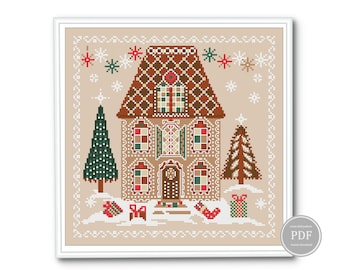 May include: Cross-stitch pattern for a gingerbread house with a brown roof, white trim, and green trees. The house has red and white candy decorations and a red door. The pattern is on a beige background with white snowflakes.