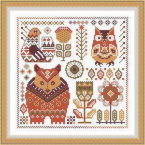 Scandinavian Cross Stitch Pattern PDF, Forest Animal Sampler, Primitive Deer Hare Design, Instant Download, Modern DIY Embroidery #156