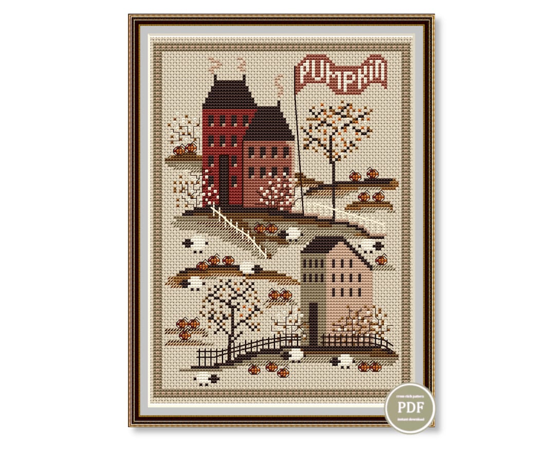 Sampler Autumn Village Pumpkins Cross Stitch Pattern Embroidery Digital ...