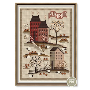 Sampler Autumn Village Pumpkins Cross Stitch Pattern Embroidery Digital PDF File Instant Download