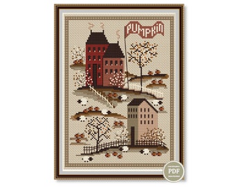 Sampler Autumn Village Pumpkins Cross Stitch Pattern Embroidery Digital PDF File Instant Download