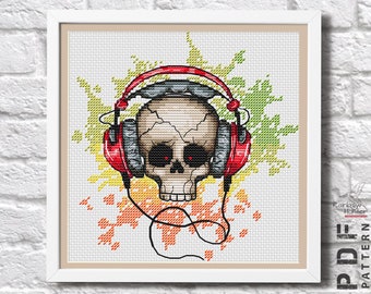 音楽愛好家のクロスステッチ、スカルクロスステッチパターンPDF、面白いクロスステッチ、デジタルPDF