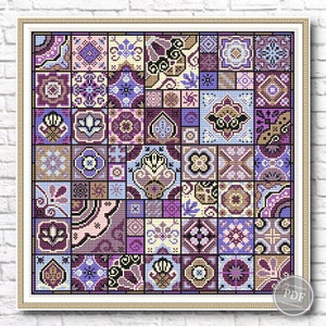 Patrón de punto de cruz. Azulejos decorativos con cuadrados geométricos n.º 3. Patchwork mágico, arte popular étnico. Punto de cruz cuáquero. Tabla de conteo en PDF.