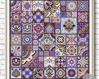 Cross stitch pattern. Decorative tiles with geometric squares #3. Magical Patchwork Ethnic Folk Art. Quaker cross stitch. PDF counting chart