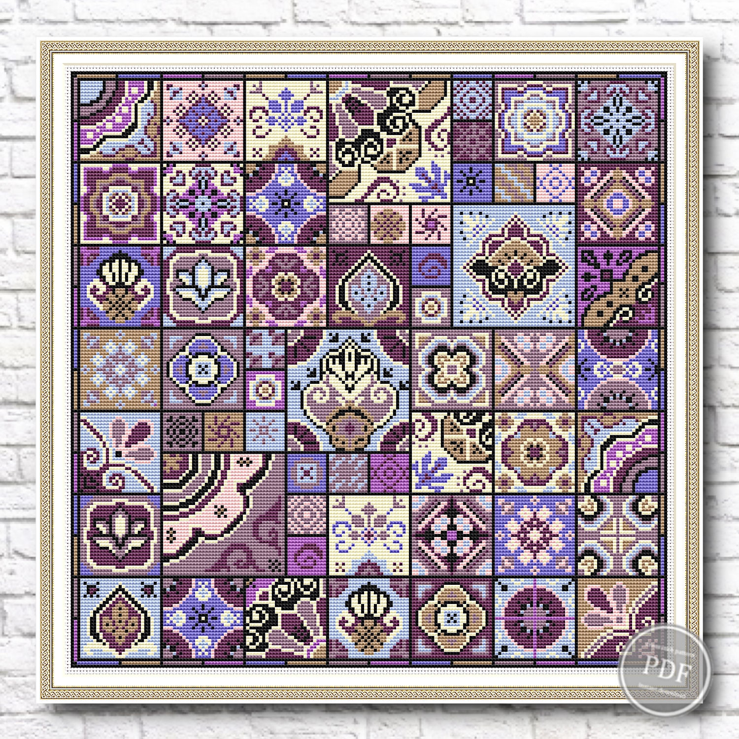 Cross stitch pattern. Decorative tiles with geometric squares #3. Magical Patchwork Ethnic Folk Art. Quaker cross stitch. PDF counting chart
