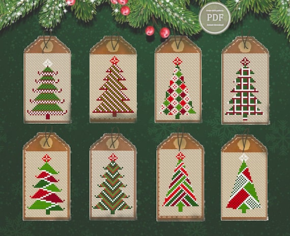 Preview of Christmas cross stitch PDF pattern, Gift tags, Christmas ornament, Thank You tags for Handmade Gifts Modern xStitch Pattern Instant Download by NARAxStitchPatterns