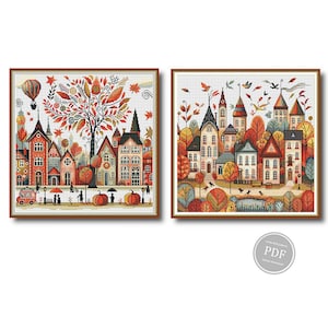 Patrón de punto de cruz Pueblo otoñal, Pueblo de cuento de hadas para punto de cruz, Casa otoñal para punto de cruz, Punto de cruz vintage, PDF digital 477