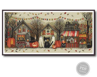 Patrón de punto de cruz en PDF de un pueblo tenebroso de Halloween, gato negro y fantasmas, escena otoñal de calabazas, decoración caprichosa de Halloween, descarga instantánea 576