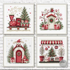 Op de afbeelding: Vier ingelijste kruissteekontwerpen met een kerstthema. De ontwerpen tonen een rode trein, een huis met een hartvormige krans, een konijn met een kerstmuts en een winkel met een kerstboom. Elk ontwerp is ingelijst in een witte vierkant.