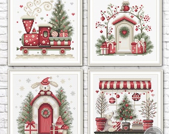 Conjunto de 4 padrões de ponto cruz natalino: trem, coruja, coelho, rato, amostra de inverno rústica, decoração de Natal, bordado digital em PDF 547