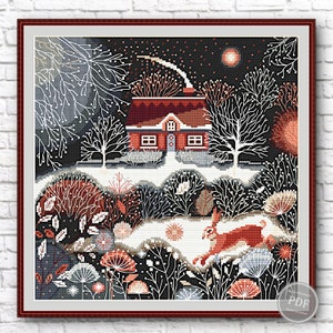 Motif PDF point de croix de lièvre hivernal - PDF de scène de forêt scandinave - Broderie de maison d'hiver moderne pour une décoration nordique confortable 384