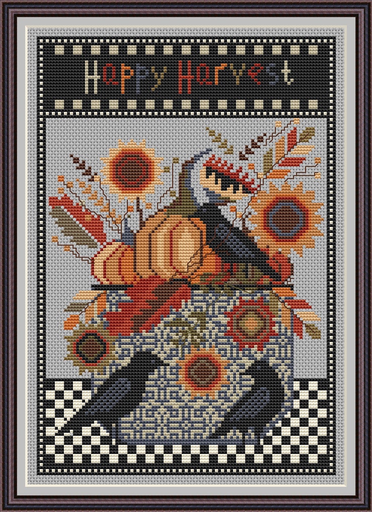 Cross Stitch Pattern Autumn Harvest Sunflowers Pumpkins and Crow Happy ...