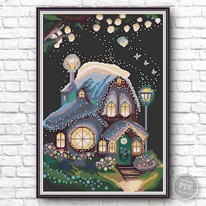 Fairytale Glowing House Cross Stitch Pattern PDF - Modern Magic House Embroidery Design, Instant Digital Download, Home Decor DIY Gift 422