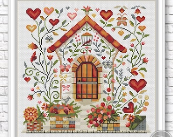 Padrão de ponto cruz: Casa de flores 3. Flor primitiva. Casa de fazenda. Amostra moderna. Padrão de ponto cruz. Casa de verão com corações. PDF digital.