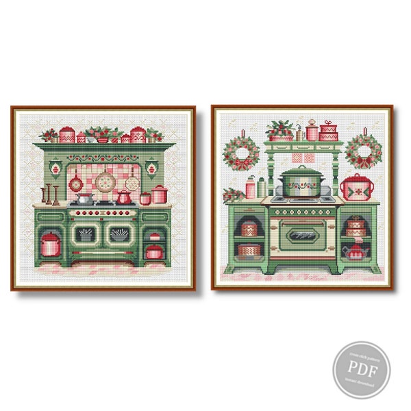 Set 2 patrones de punto de cruz Cocina vintage, Cocina antigua Patrón de punto de cruz, Punto de cruz contado, Descarga instantánea del diseño PDF digital 435