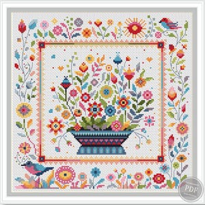 Volksbloemen kruissteek PDF-patroon, kleurrijke bloemenmand DIY, getelde moderne kruissteekkaart PDF Instant Download afdrukbaar decor 489