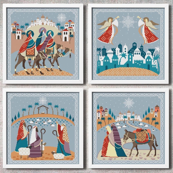 Holy nativity cross stitch pattern PDF Set of 4 Christmas ornament Easy cross stitch Counted cross stitch chart Christmas Nativity