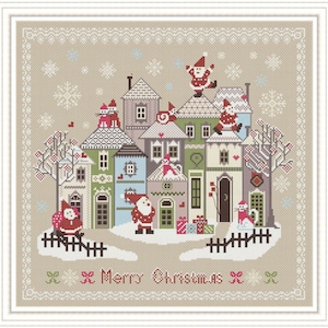 Santa’s Village Christmas Cross Stitch Pattern PDF, Winter Fairytale Town Primitive Sampler, Holiday Embroidery with Gifts, Elves & Reindeer