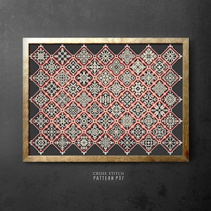 Patchwork Cross Stitch Ornament sampler gráfico de punto de cruz Arte popular Cuadrados Azulejos Bordado moderno Patrón de descarga instantánea PDF