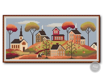 Kruissteekpatroon Autumn Hill #2 Village Autumn Embroidery Autumn digitaal pdf-bestand