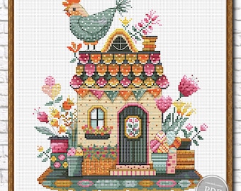 Padrão de Ponto Cruz em PDF para Casa de Páscoa, Pintinho Fofo da Páscoa, Amostra de Chalé de Primavera, PDF de Ponto Cruz Moderno 552
