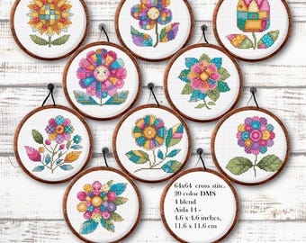 9 Mini Padrões de Ponto Cruz de Flores em PDF, Amostra de Flores Modernas, Bordado de Flores em Patchwork, Padrão de Etiqueta de Ponto Cruz Fácil, Download em PDF 555