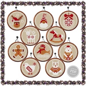 Christmas Cross Stitch Ornament Set PDF – Mini 3-Inch Hoops, Holiday Baby Decor DIY Christmas Embroidery Instant Download Needlework Pattern