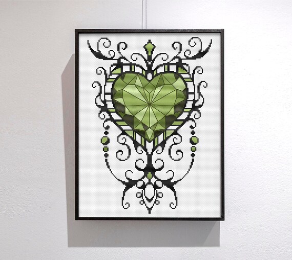 Preview of Valentines heart cross stitch Gothic heart Emerald Counted cross stitch chart Simple embroidery Easy cross stitch Green heart by NARAxStitchPatterns
