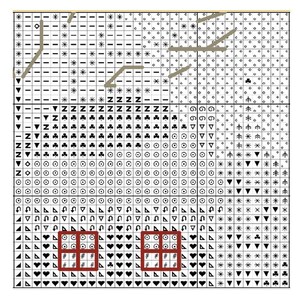 Close-up of color symbol chart from Christmas cross stitch sampler. Includes detailed roof textures, windows, and surrounding landscape. Great for those who love detailed and atmospheric primitive embroidery patterns.