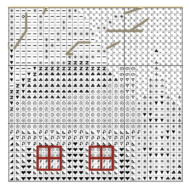 Close-up of color symbol chart from Christmas cross stitch sampler. Includes detailed roof textures, windows, and surrounding landscape. Great for those who love detailed and atmospheric primitive embroidery patterns.