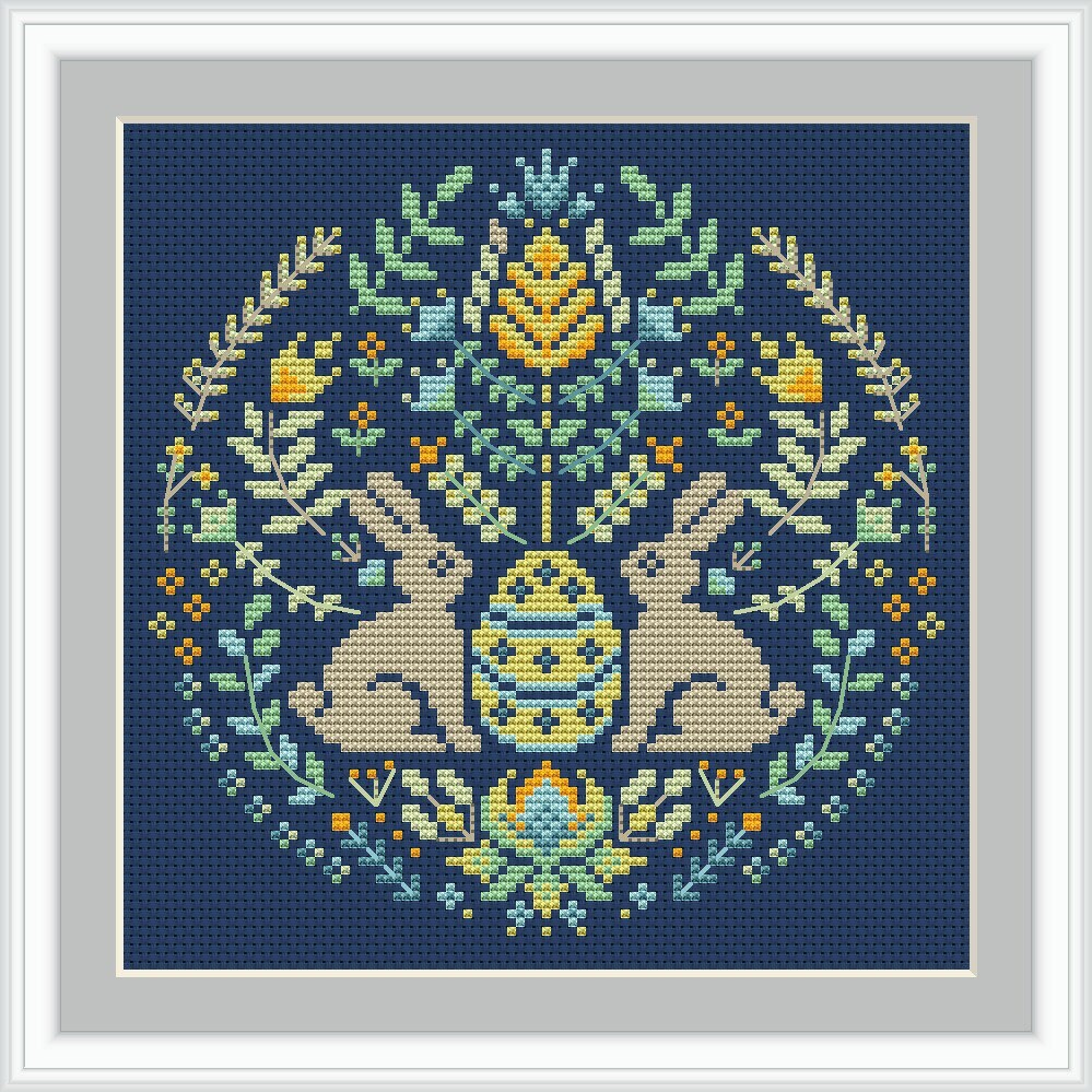 Easter Bunny Cross Stitch Pattern - Bunny With Flower Wreath, Egg Hunt ...