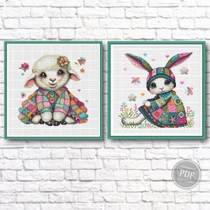 May include: Two framed cross-stitch artworks. One features a lamb wearing a patchwork coat and flower crown. The other depicts a bunny in a patchwork outfit and hat. Both are surrounded by flowers and butterflies.