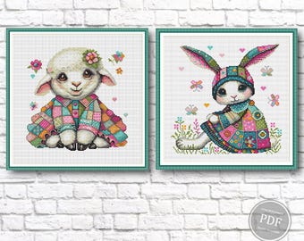 Conjunto de padrões de ponto cruz em PDF para bebê, cordeirinho e coelhinho da Páscoa, amostra para quarto de bebê, decoração para quarto infantil, patchwork, ovelha e coelho, recém-nascido, faça você mesmo 557