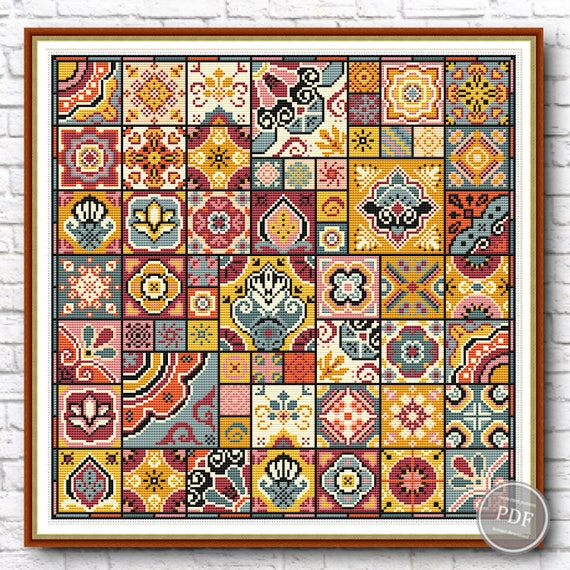 Preview of Autumn Patchwork Cross Stitch Pattern PDF - Geometric Tiles Embroidery, Ethnic Folk Art Design, Quaker Counted Chart, Instant Download #426 by NARAxStitchPatterns