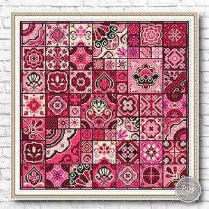 Cross stitch pattern. Decorative tiles with geometric squares #4. Pink patchwork is an ethnic folk art. Quaker cross. PDF - counting table
