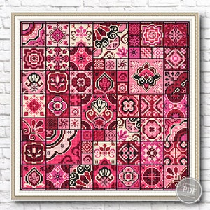 May include: A cross stitch pattern featuring a colorful patchwork design with various geometric shapes and floral motifs in shades of pink, red, and white.