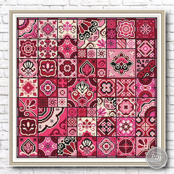 Preview of Geometric Cross Stitch Pattern PDF – Pink Patchwork Tile Design #4, Ethnic Folk Art, Quaker Cross Sampler, DIY Embroidery Instant Download by NARAxStitchPatterns