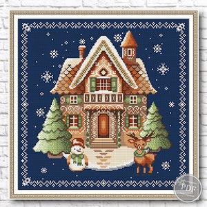 Detailed cross stitch chart showcasing a festive gingerbread house scene with holiday elements like snowman, reindeer, and decorated trees.