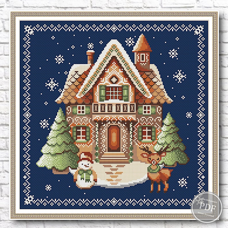 Detailed cross stitch chart showcasing a festive gingerbread house scene with holiday elements like snowman, reindeer, and decorated trees.