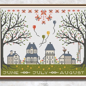 Kruissteekpatroon Zomerdorp kruissteekkaart Boom kruissteek Primitive xstitch Home kruissteek Eenvoudig borduren