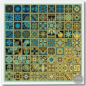 Puede incluir: Un patrón de punto de cruz colorido que presenta una variedad de diseños geométricos en tonos de azul, amarillo y dorado. El patrón está sobre un fondo negro y es perfecto para un proyecto de punto de cruz.