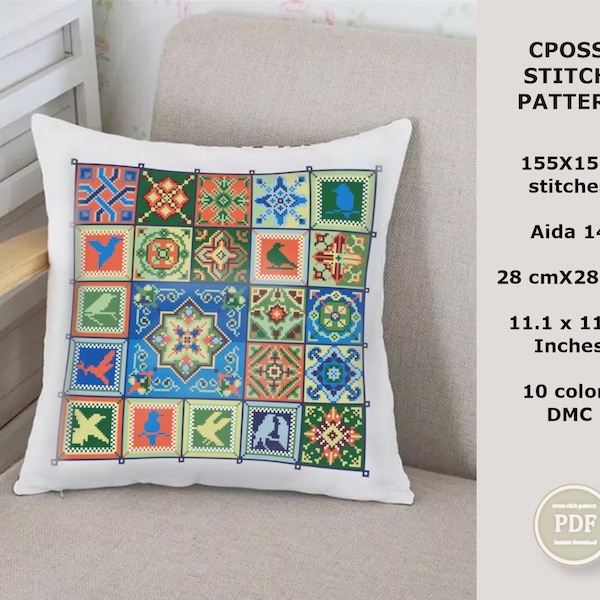 Sampler Geometric Cross Stitch Ethnic Pattern Oriental Squares With Birds Cross Stitch For Pillowcase PDF Digital