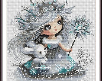 Patrón de punto de cruz navideño en PDF, Conejita copo de nieve para pared, Decoración de conejito de invierno, Gráfico para habitación infantil, Descarga instantánea 572