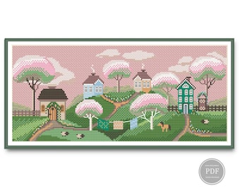 Cross Stitch Pattern Spring Village, Apple Blossoms - Modern Cross Stitch, Embroidery Digital PDF File Instant Download