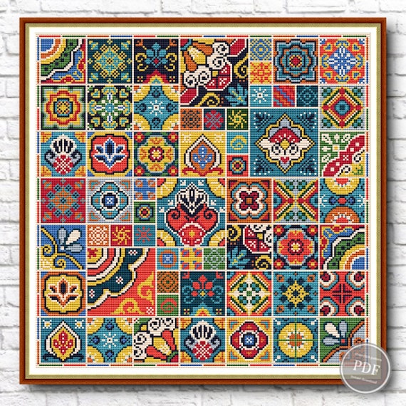 Preview of Geometric Cross Stitch Pattern Decorative Tiles With Geometric Squares #5 Motley Patchwork. Quaker Cross Stitch Embroidery Geometric Sampler by NARAxStitchPatterns