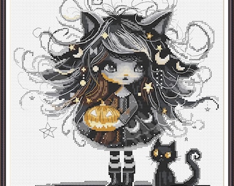 Patrón de punto de cruz de Halloween en PDF, arte de pared de niña y gato negro con calabaza, decoración divertida y original para la habitación de los niños, descarga instantánea 571